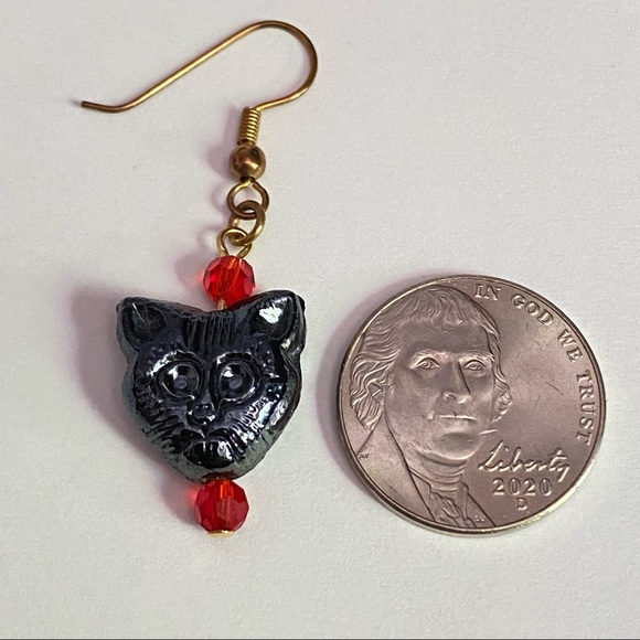 Hand Crafted Black Cat Dangle Earrings Steel Gray Kitty Kitten Halloween - Picture 5 of 6